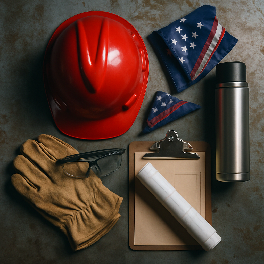 HDC construction gear flat lay — hard hat, gloves, blueprint, flag